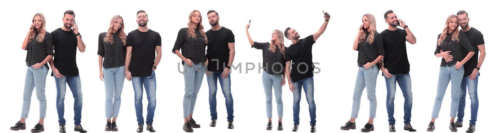 collage of photos of a couple of happy young people . isolated on a white background