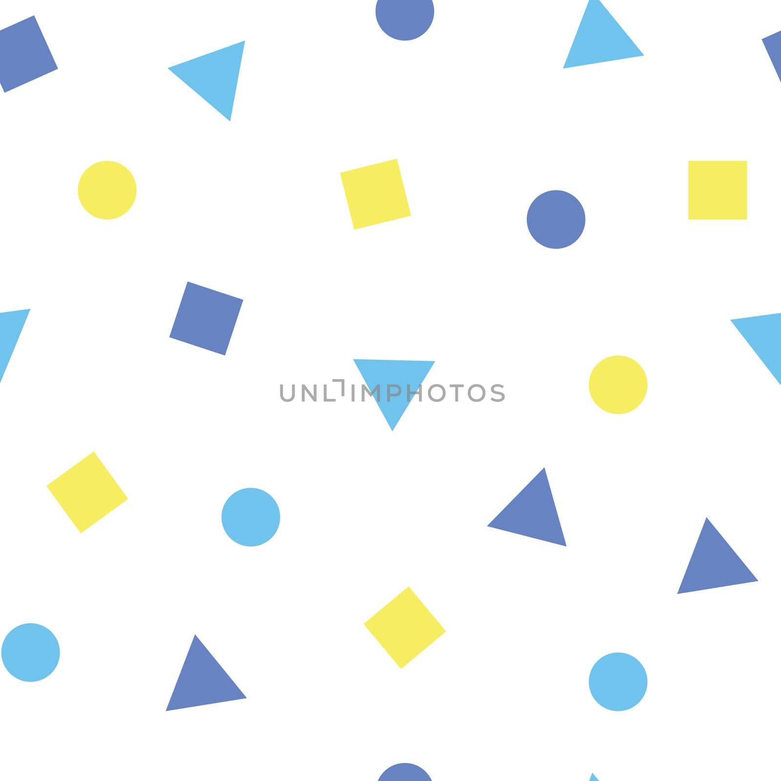 Abstract seamless pattern with circles, triangles and squares. Colored simple shapes on white background for textile, kids, baby, wallpaper.