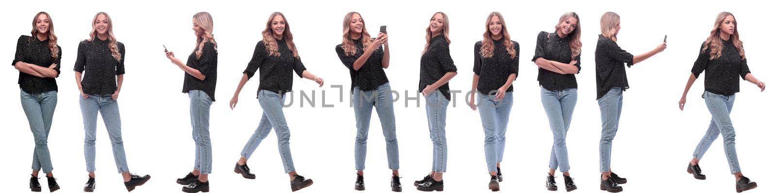 photo collage of a modern young woman with a smartphone. isolated on a white background