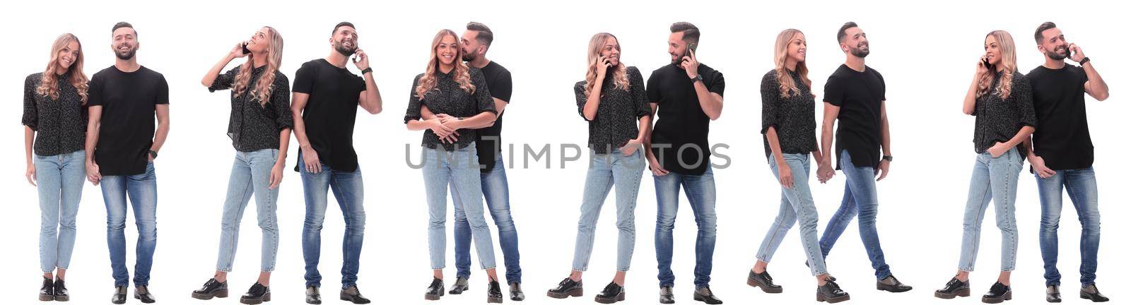 collage of photos of a couple of happy young people . isolated on a white background