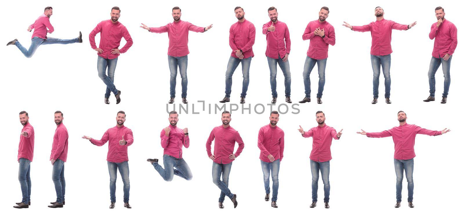 collage of photos of an emotional man in a red shirt. isolated on a white background