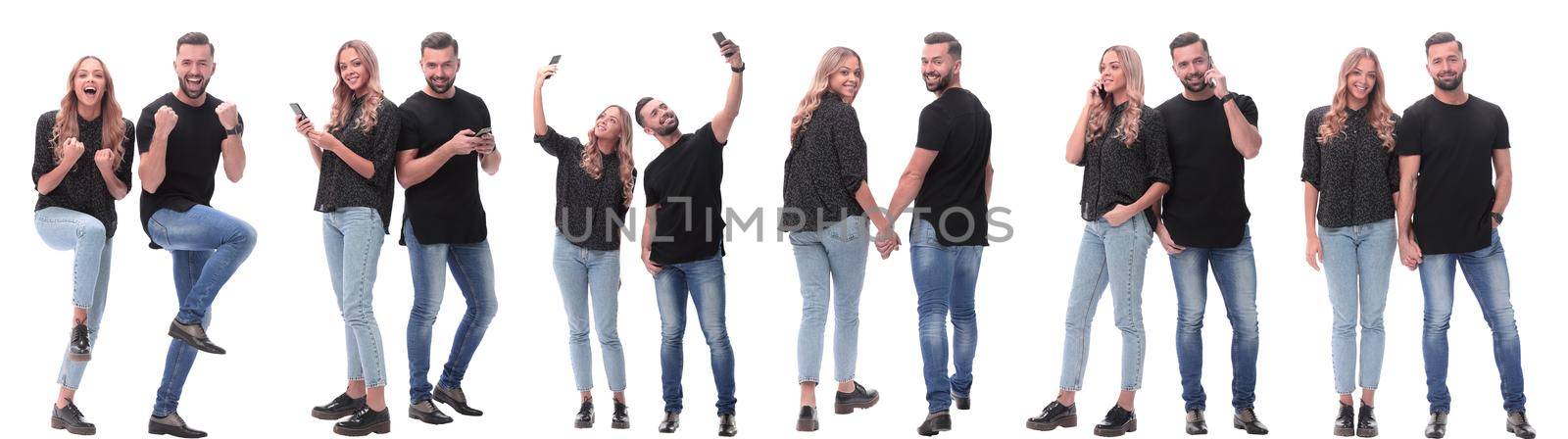 collage of photos of a couple of happy young people . isolated on a white background