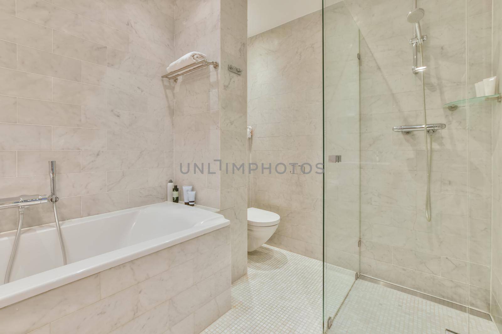 Luxury interior design of a bathroom with marble walls