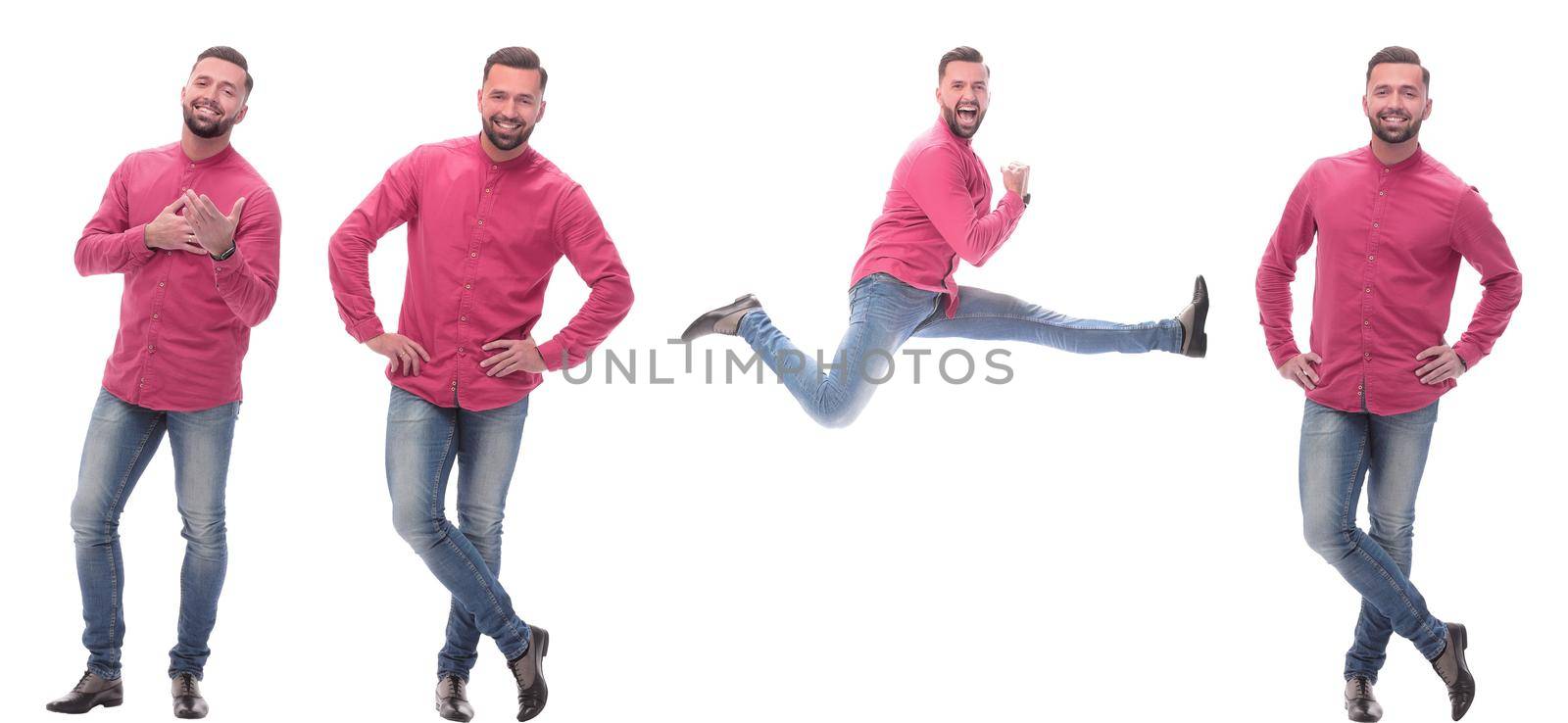 collage of photos of a fashionable man in jeans. isolated on a white background