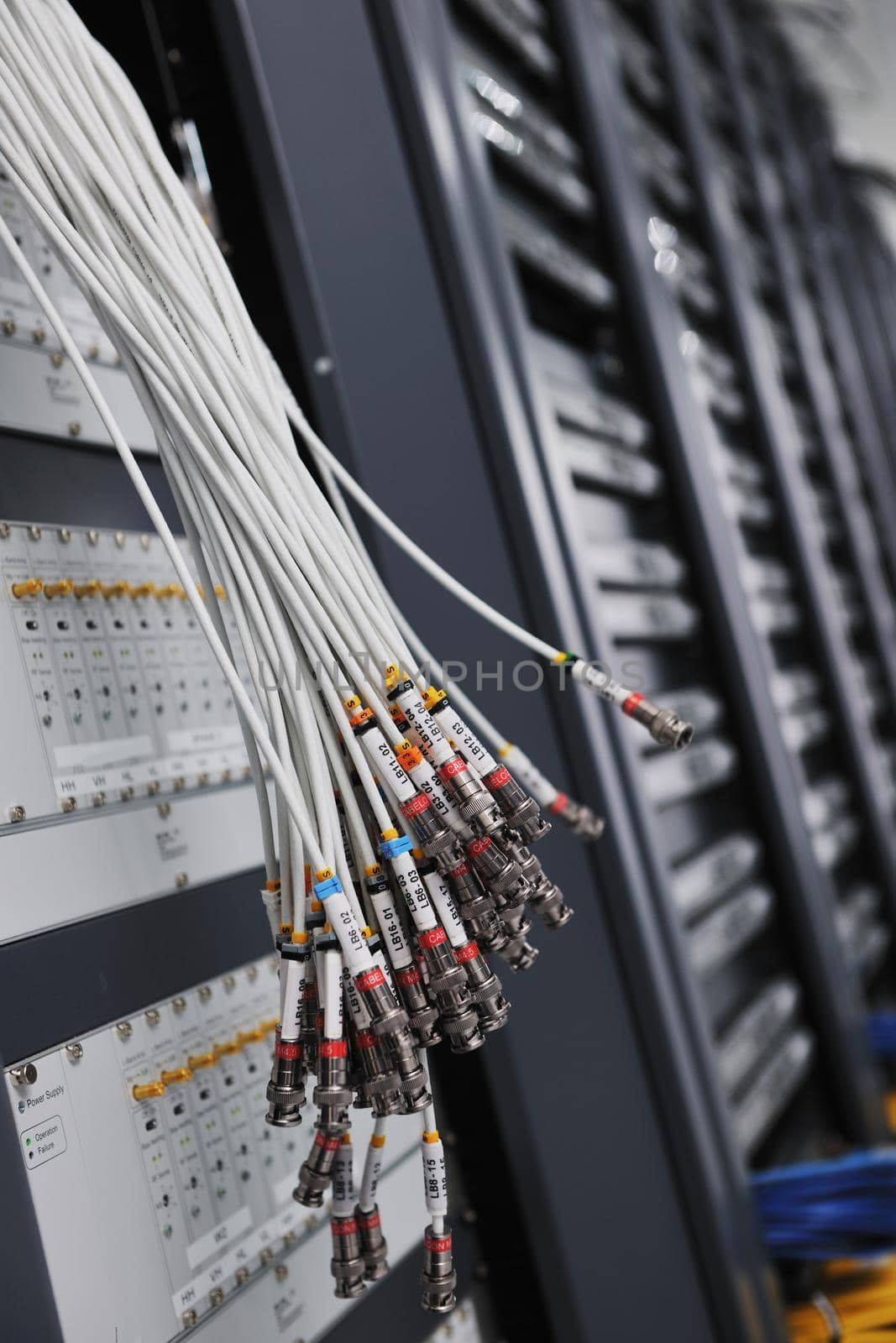 internet network server room with computers racks and digital receiver for digital tv