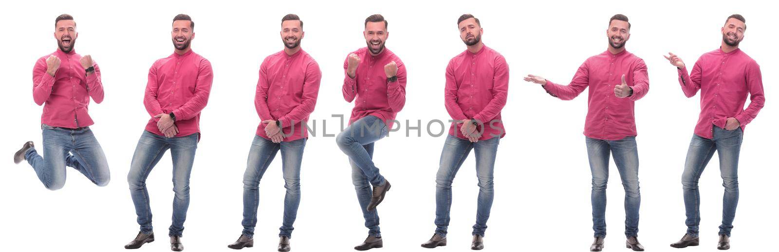 collage of photos of a modern man in a red shirt. isolated on a white background