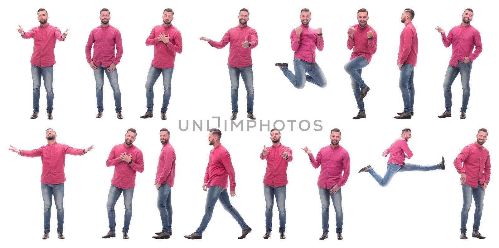 collage of photos of an emotional man in a red shirt. isolated on a white background