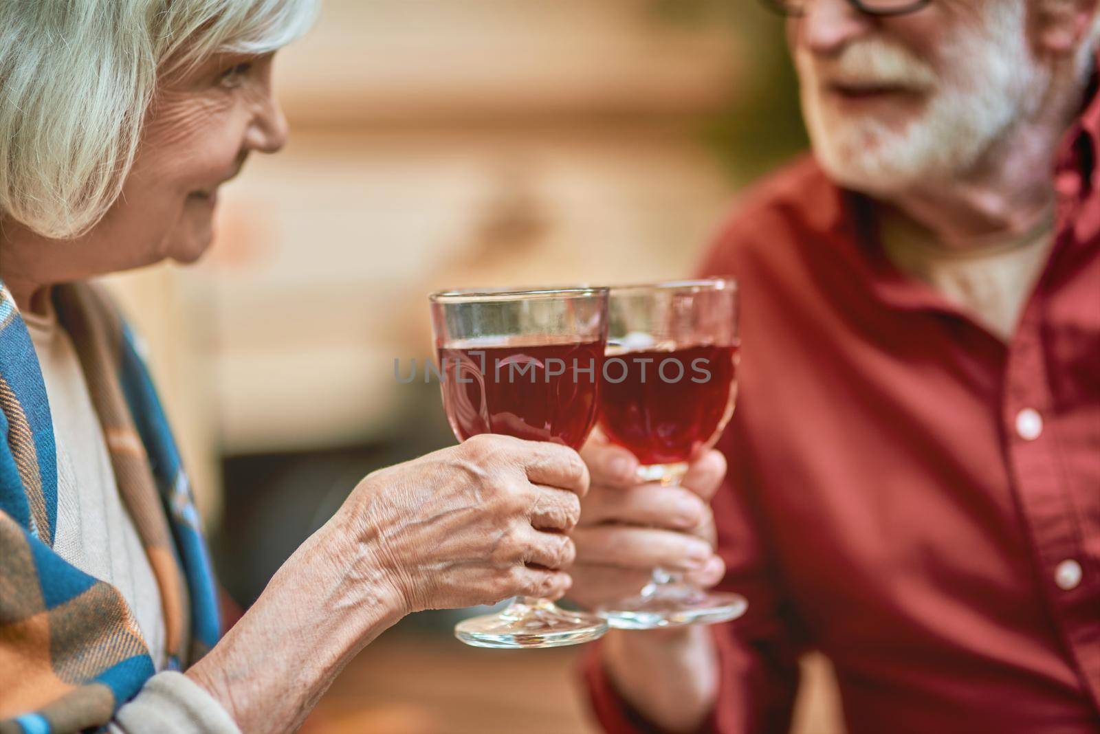 Happy elderly couple celebrating while toasting with wine by friendsstock