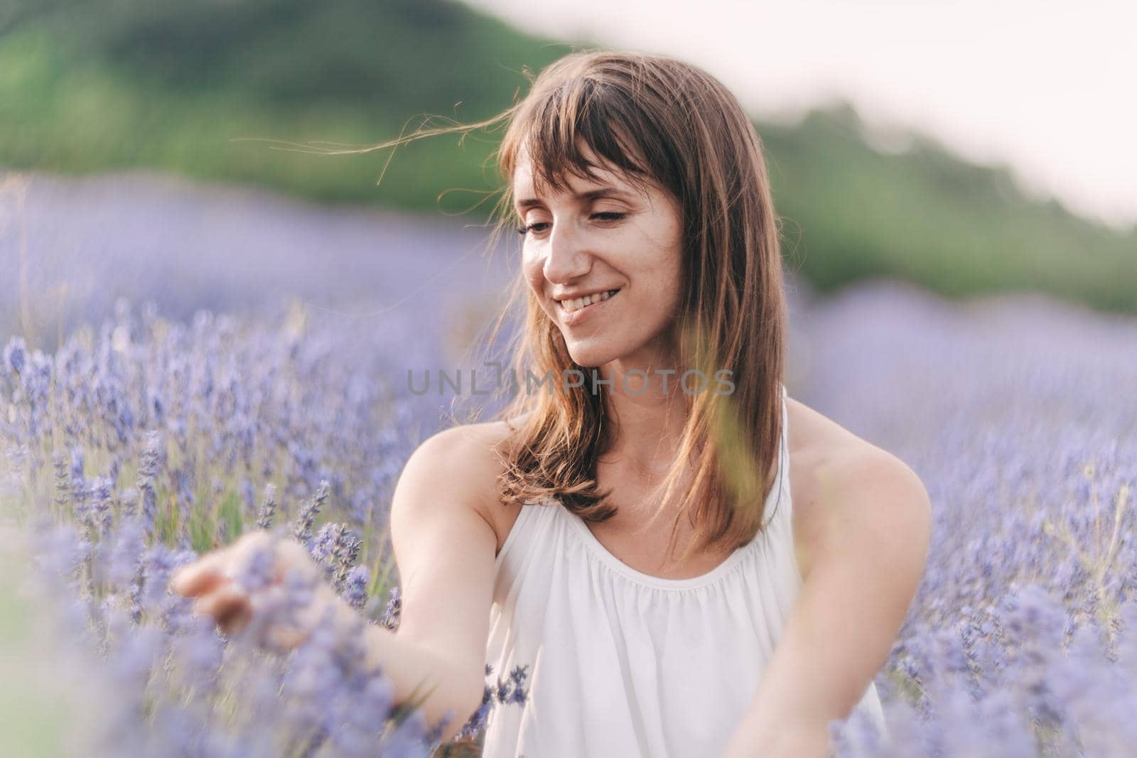 Close up portrait of happy young brunette woman in white dress on blooming fragrant lavender fields with endless rows. Warm sunset light. Bushes of lavender purple aromatic flowers on lavender fields. by panophotograph