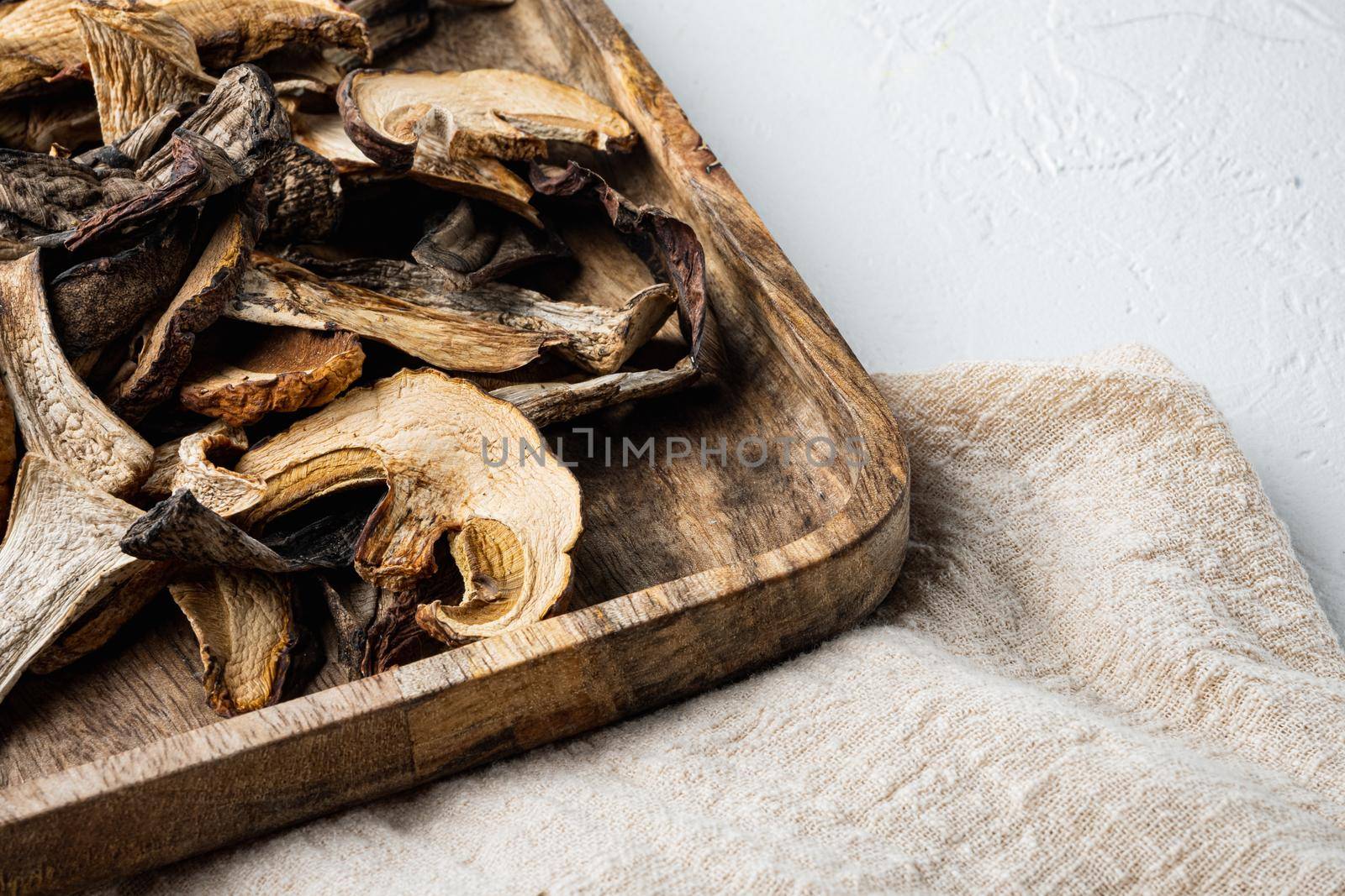 Set of dried mushrooms set, on white background , with space for text copyspace