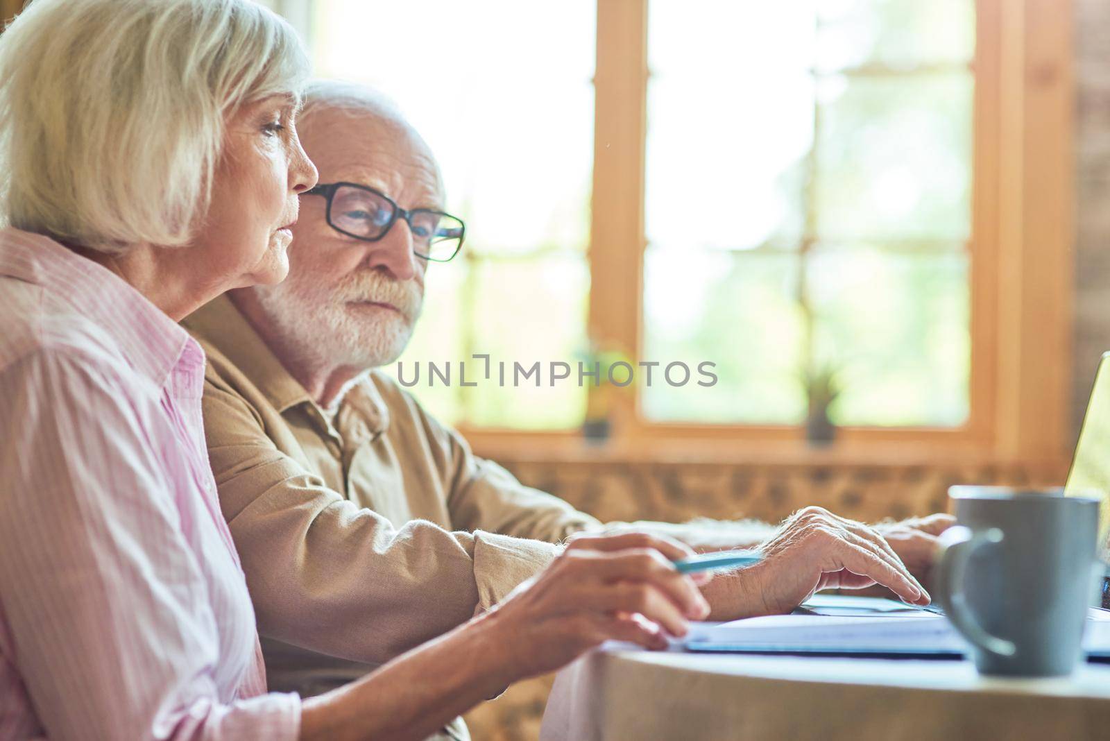 Side view of senior couple using laptop while checking bills together at home. Copy space. Family and household concept