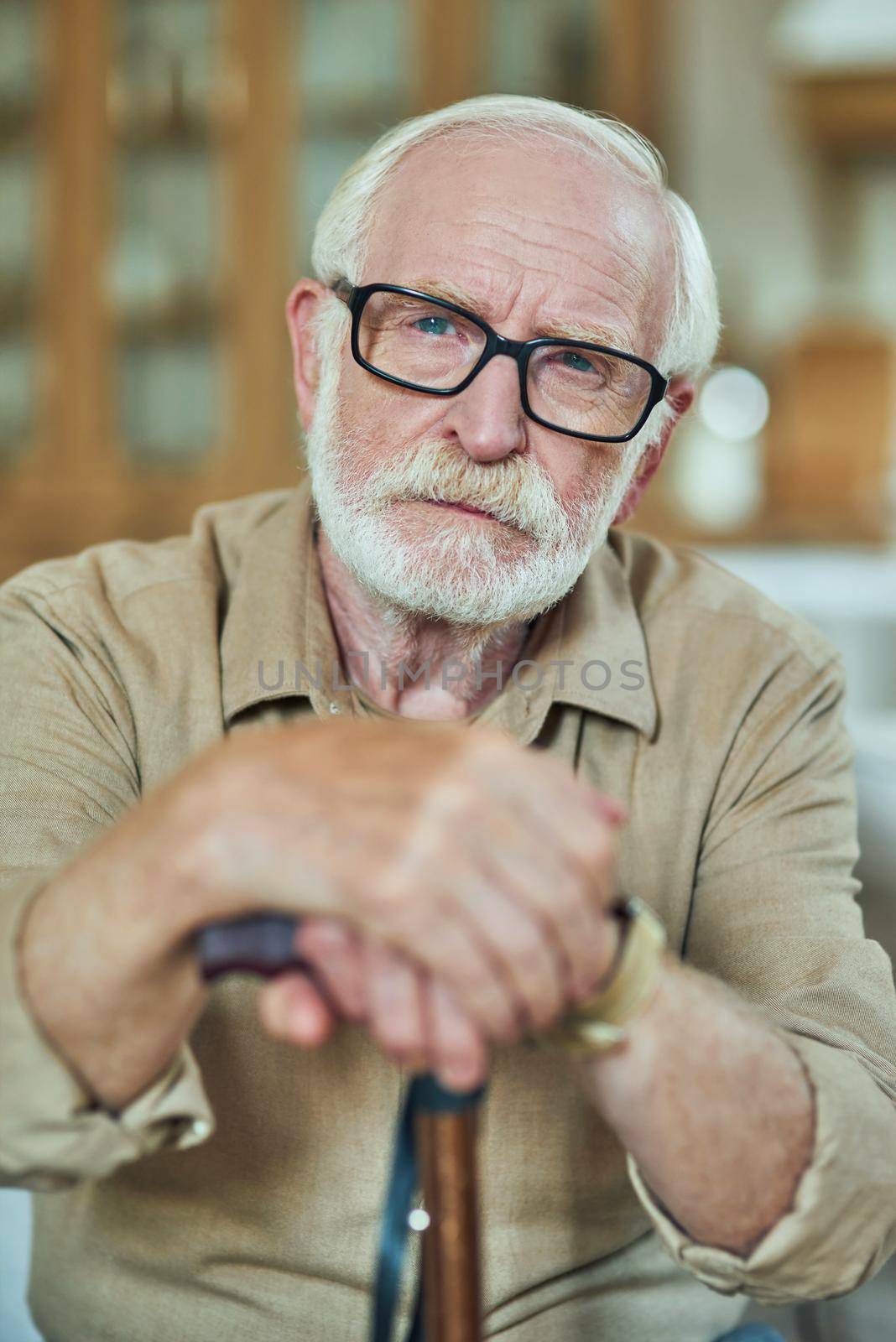 Portrait of senior man in glasses while sitting and holding wooden walking stick. Care and health concept