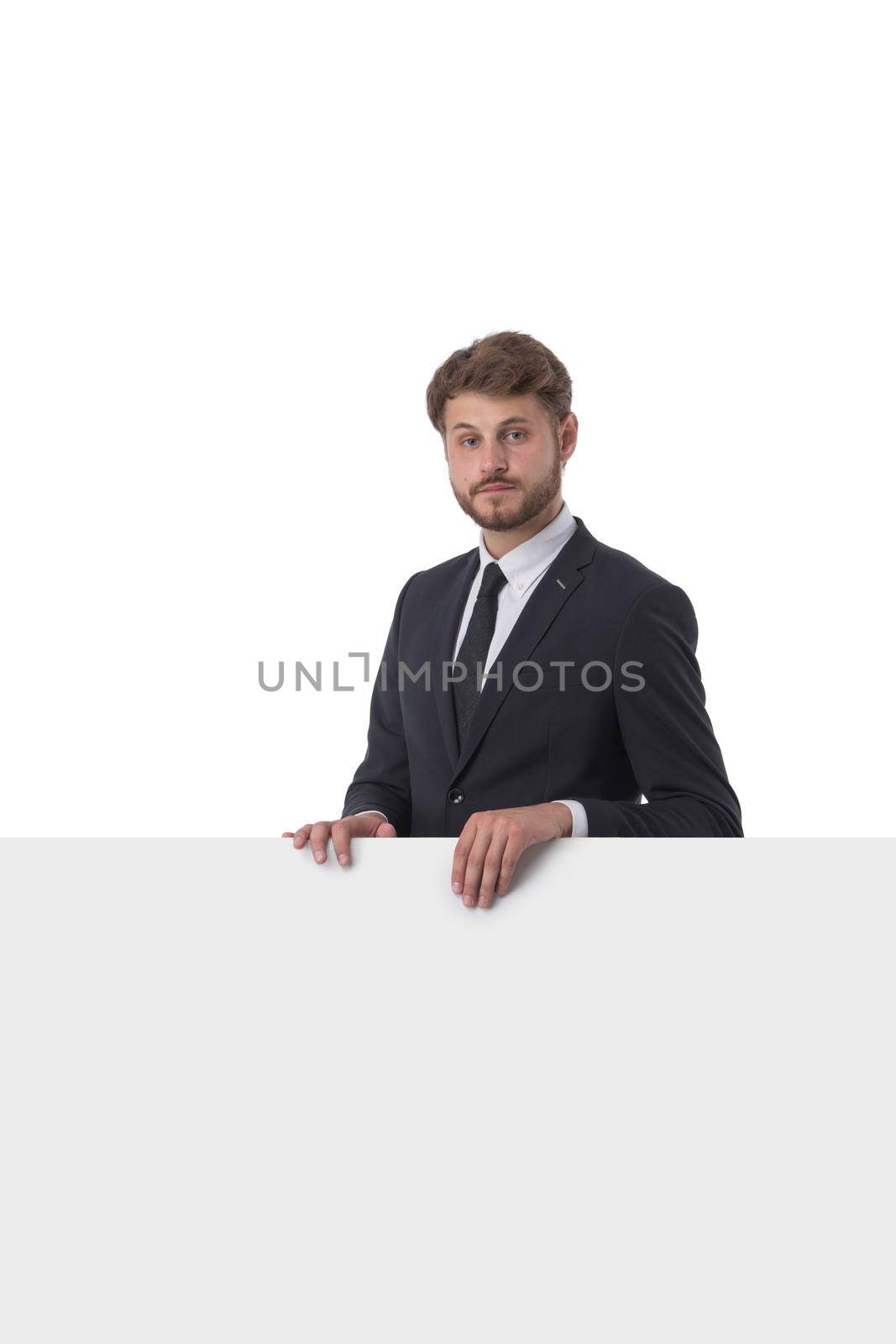 Business man showing blank signboard by ALotOfPeople