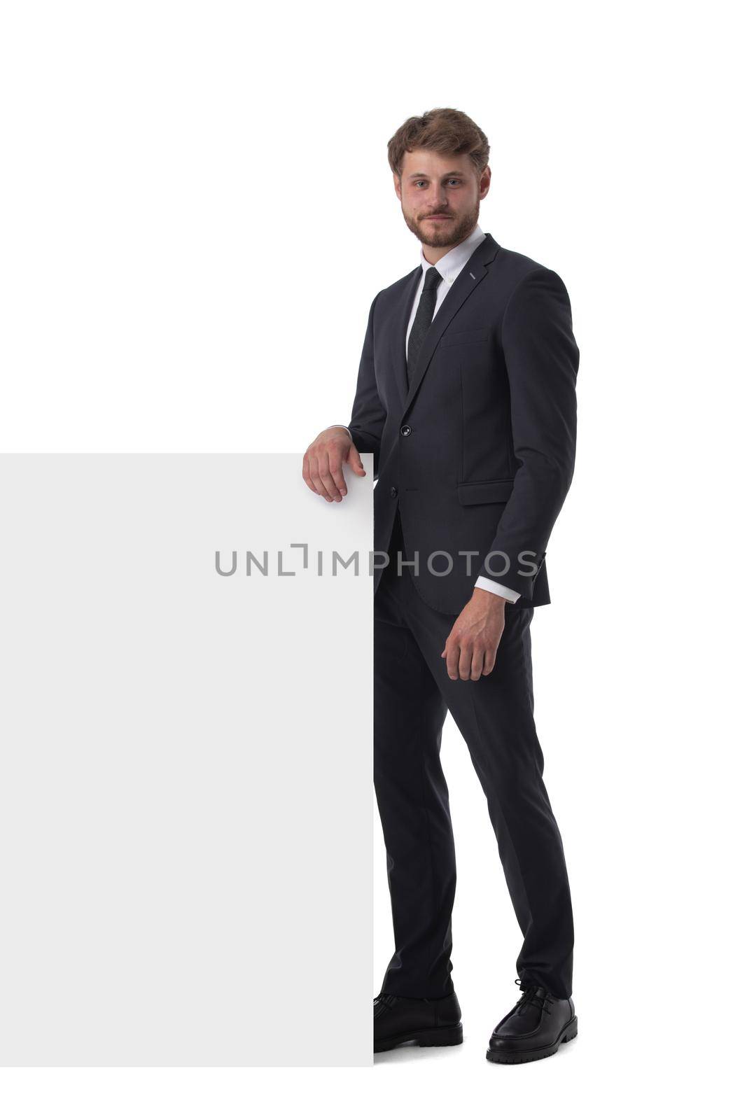 Business man in suit with banner by ALotOfPeople