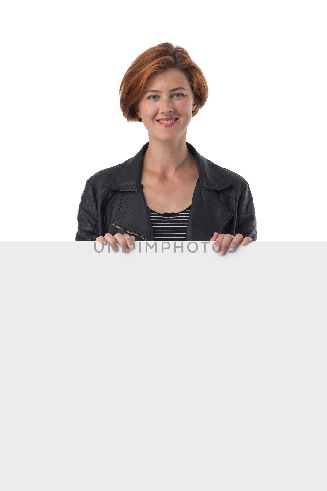 Redhead woman holding blank sign by ALotOfPeople