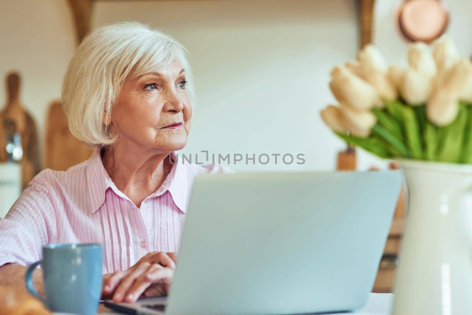 Waist up of smiling senior woman sitting at the table with laptop in the morning while looking away. Domestic lifestyle concept