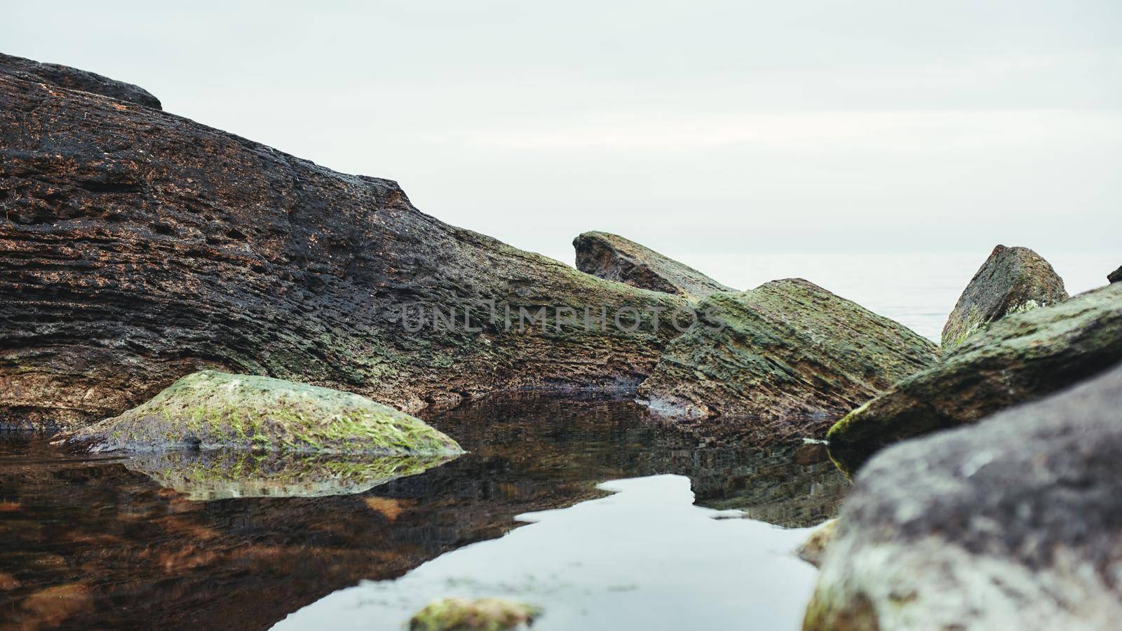 Peaceful place. Beautiful landscape of mountain river with natural stones. Nature background