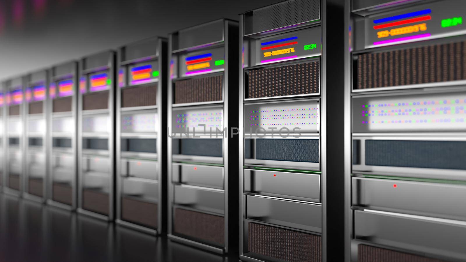 Server room data center. Backup, mining, hosting, mainframe, farm and computer rack with storage information. 3d render by kwarkot