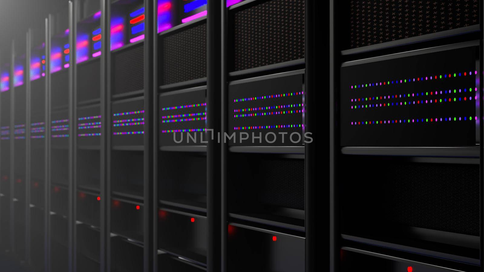 Server room data center. Backup, mining, hosting, mainframe, farm and computer rack with storage information. 3d render by kwarkot