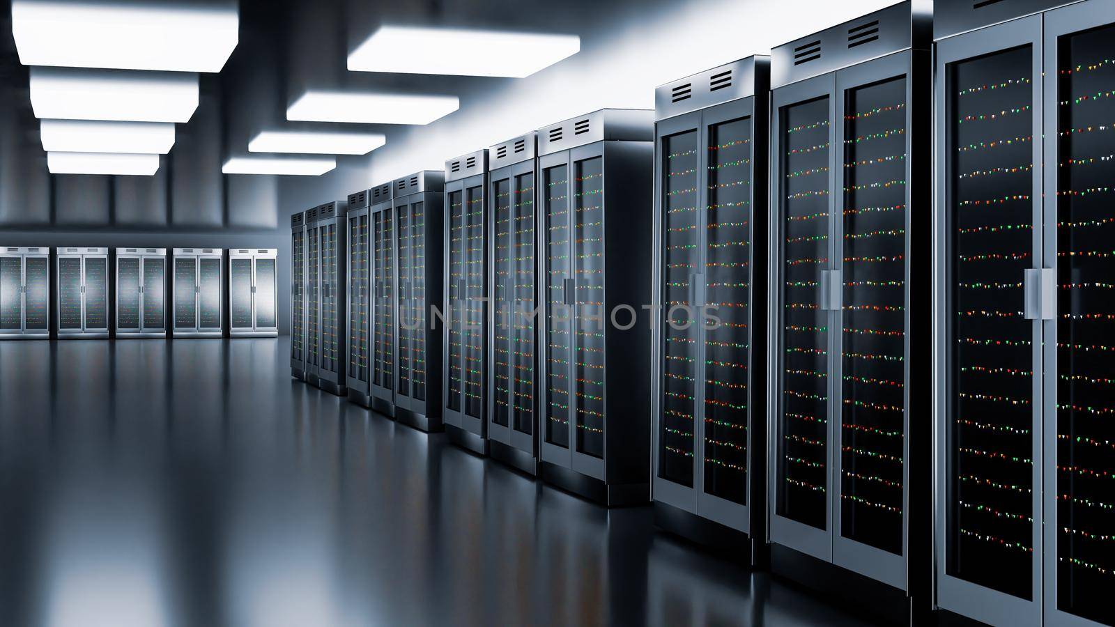 Servers racks in server room cloud data center. Datacenter hardware cluster. Backup, hosting, mainframe, mining, farm and computer rack with storage information. 3D rendering. 3D illustration