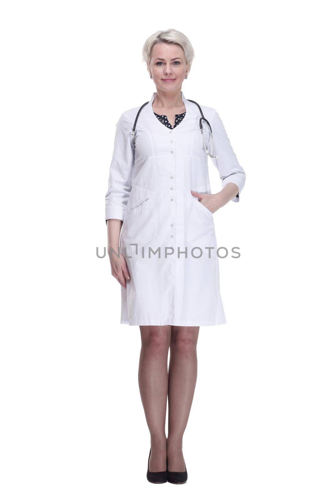 in full growth. portrait of a young woman doctor . isolated on a white background.