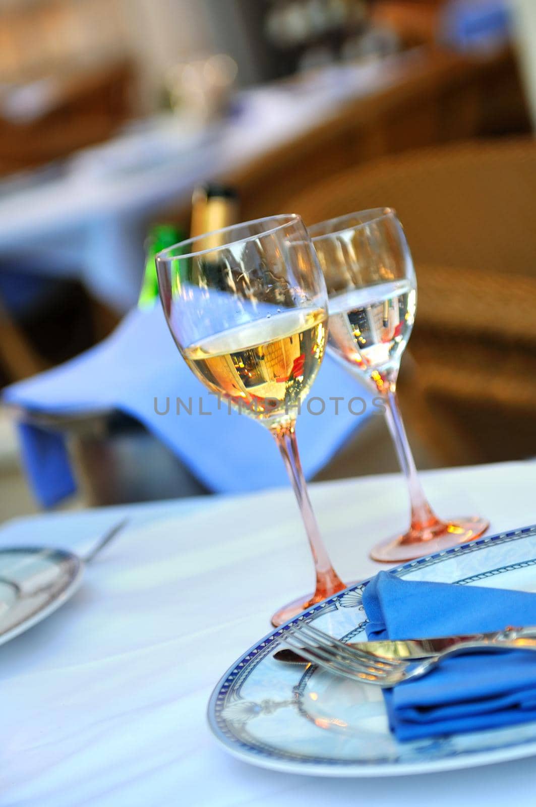 Glass of white wine in luxery restaurant