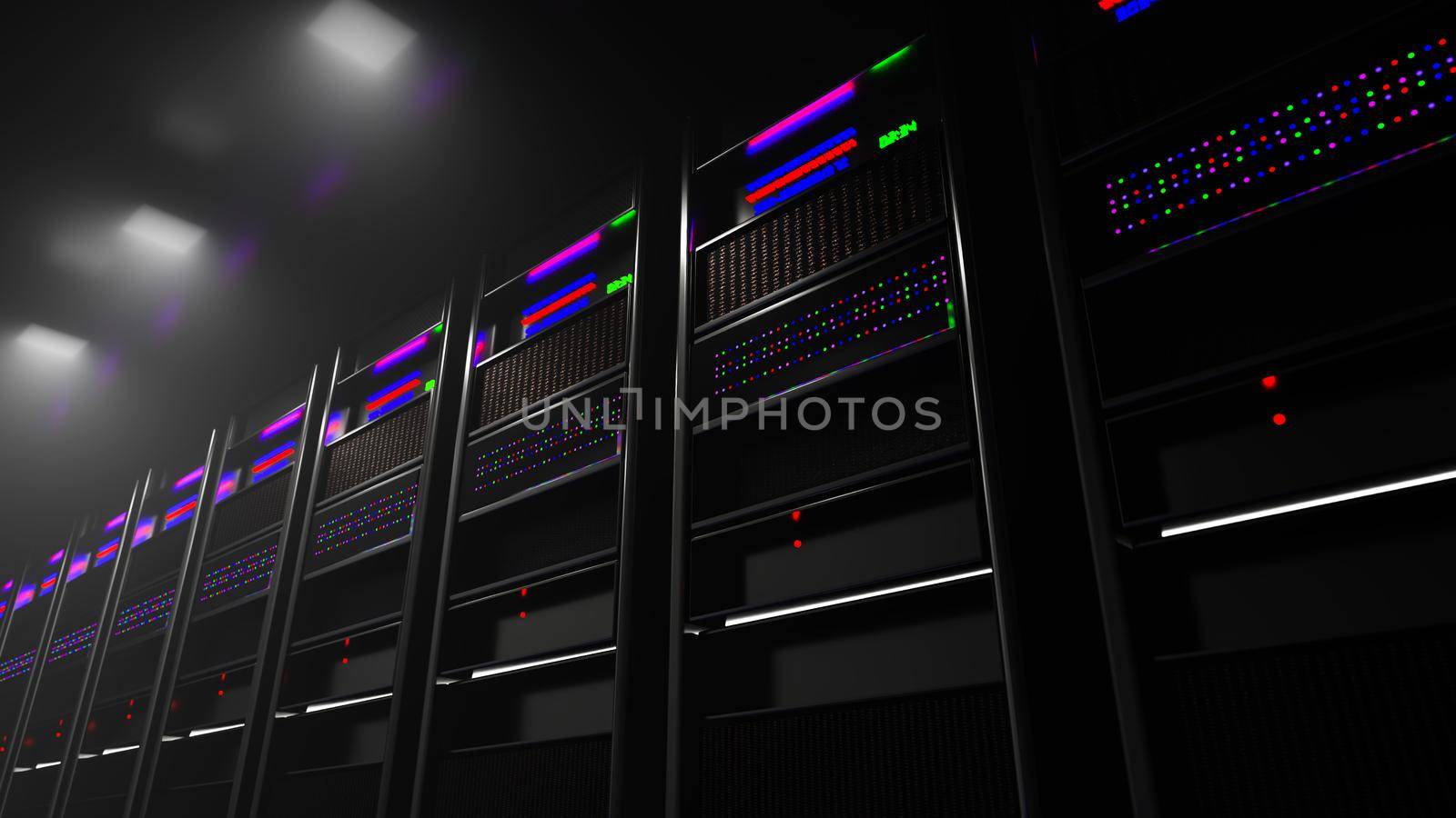 Server room data center. Backup, mining, hosting, mainframe, farm and computer rack with storage information. 3d render by kwarkot