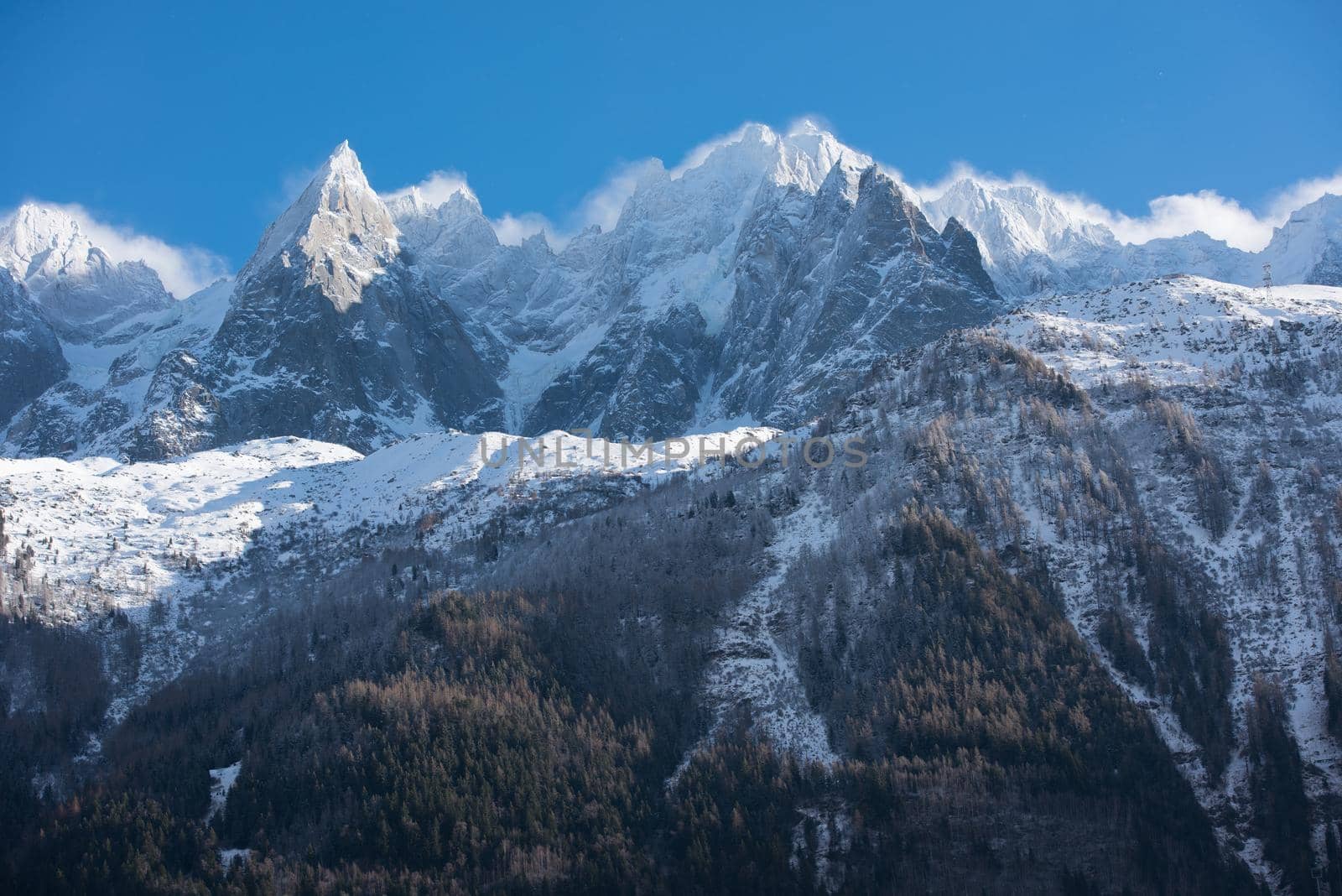 French alps mountain peaks covered with fresh snow. Winter landscape nature scene on beautiful sunny winter day.