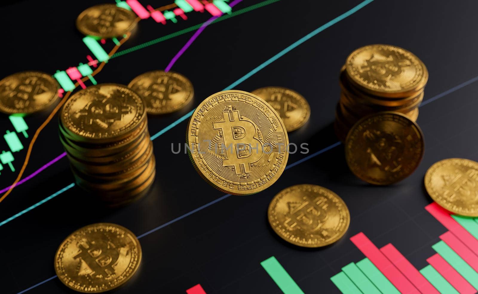 Closeup of a bitcoin with stacked coins on a background with blurred price graphs. 3d rendering