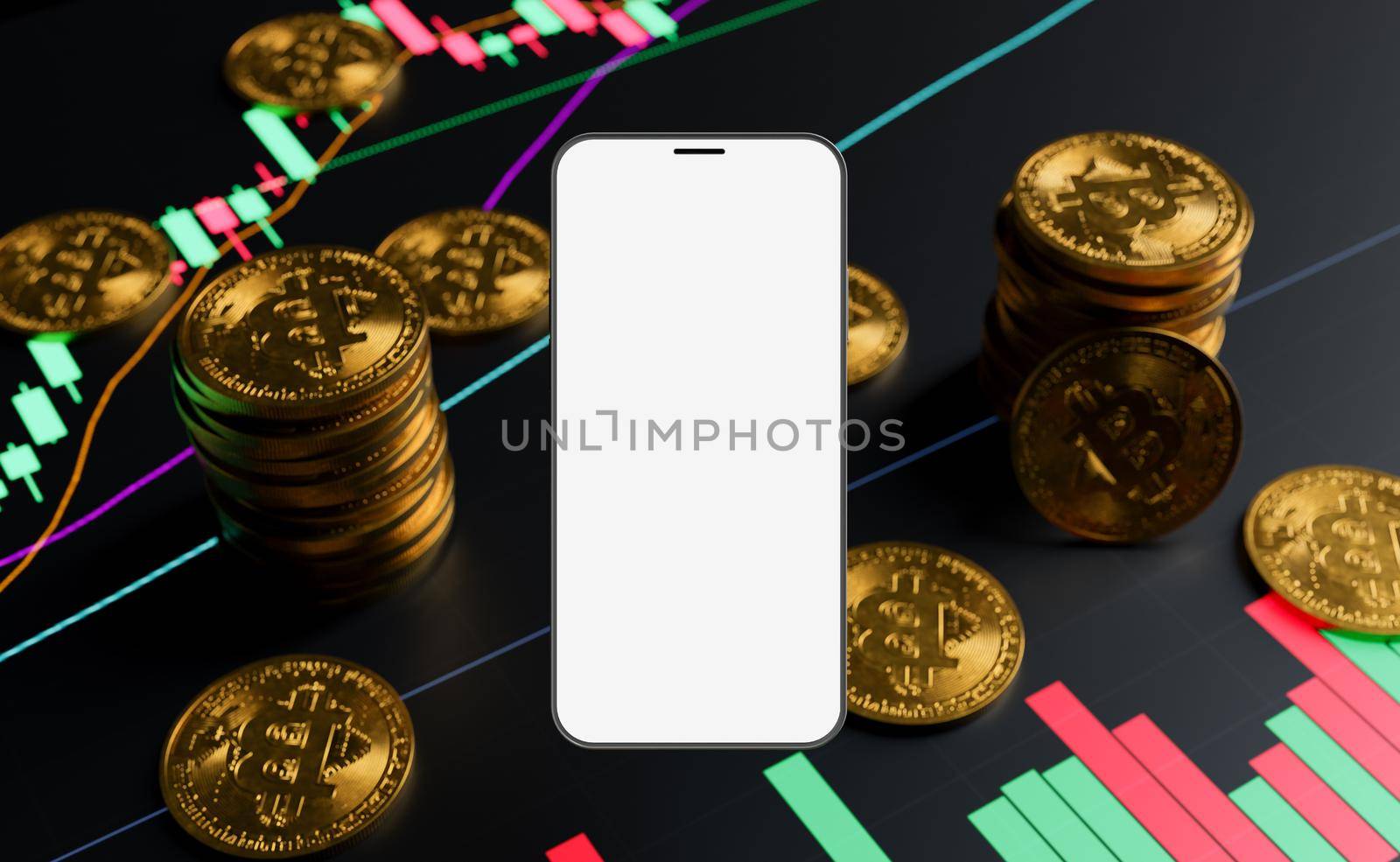 mockup of mobile phone with blank screen and bitcoins with price graphs in the background. 3d rendering