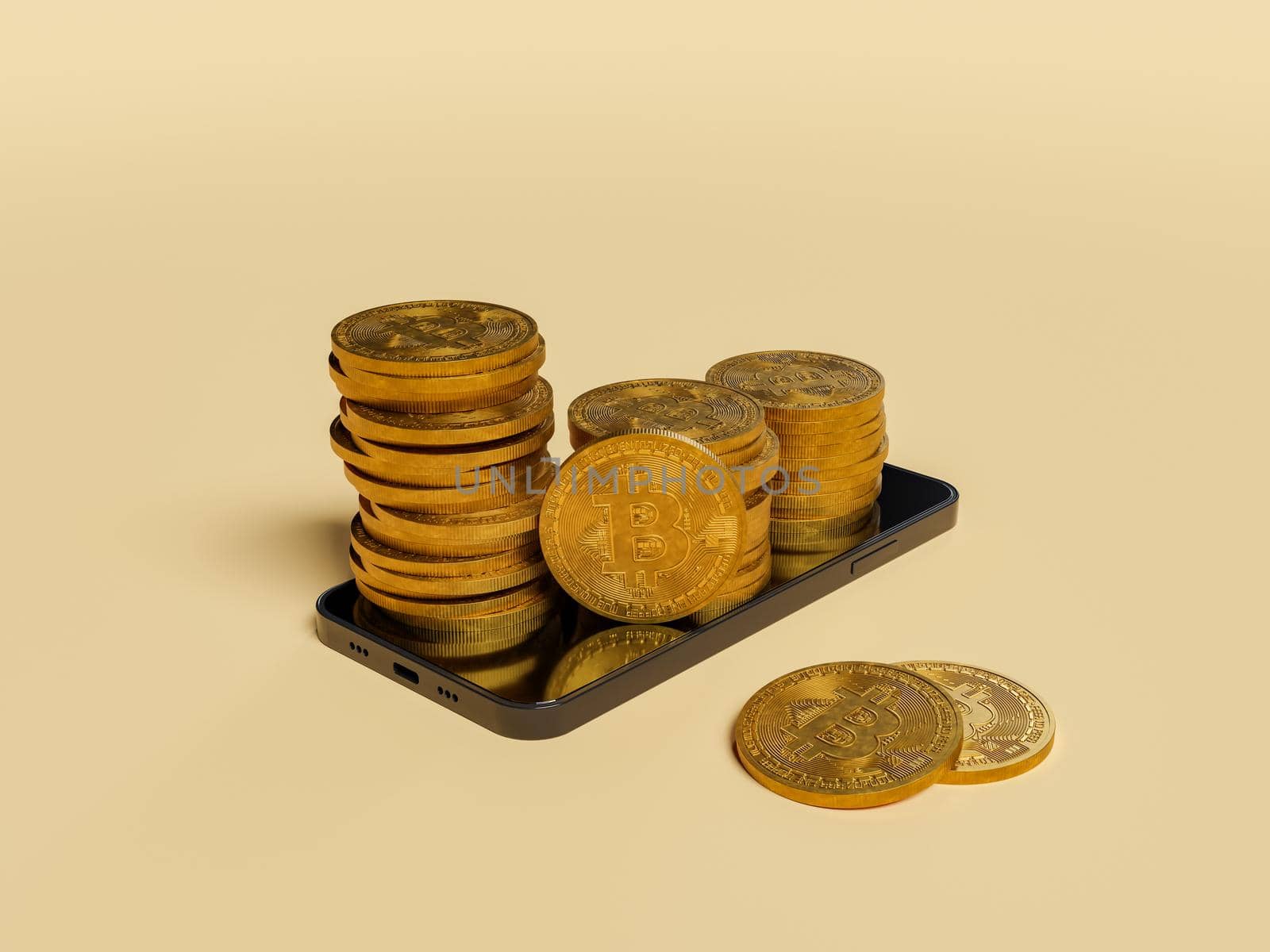 Bitcoins on the screen of a smartphone. Concept of online wallet, cryptocurrencies, trading, success, rich, exchange. 3d rendering