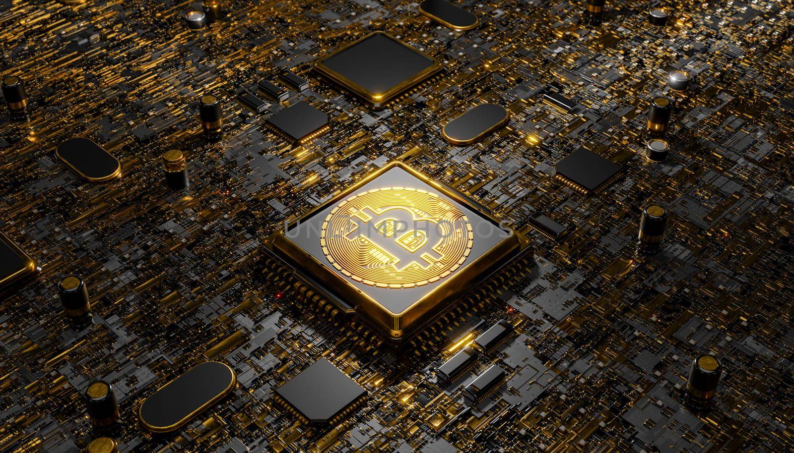 Bitcoin symbol on gold plated circuit board by asolano