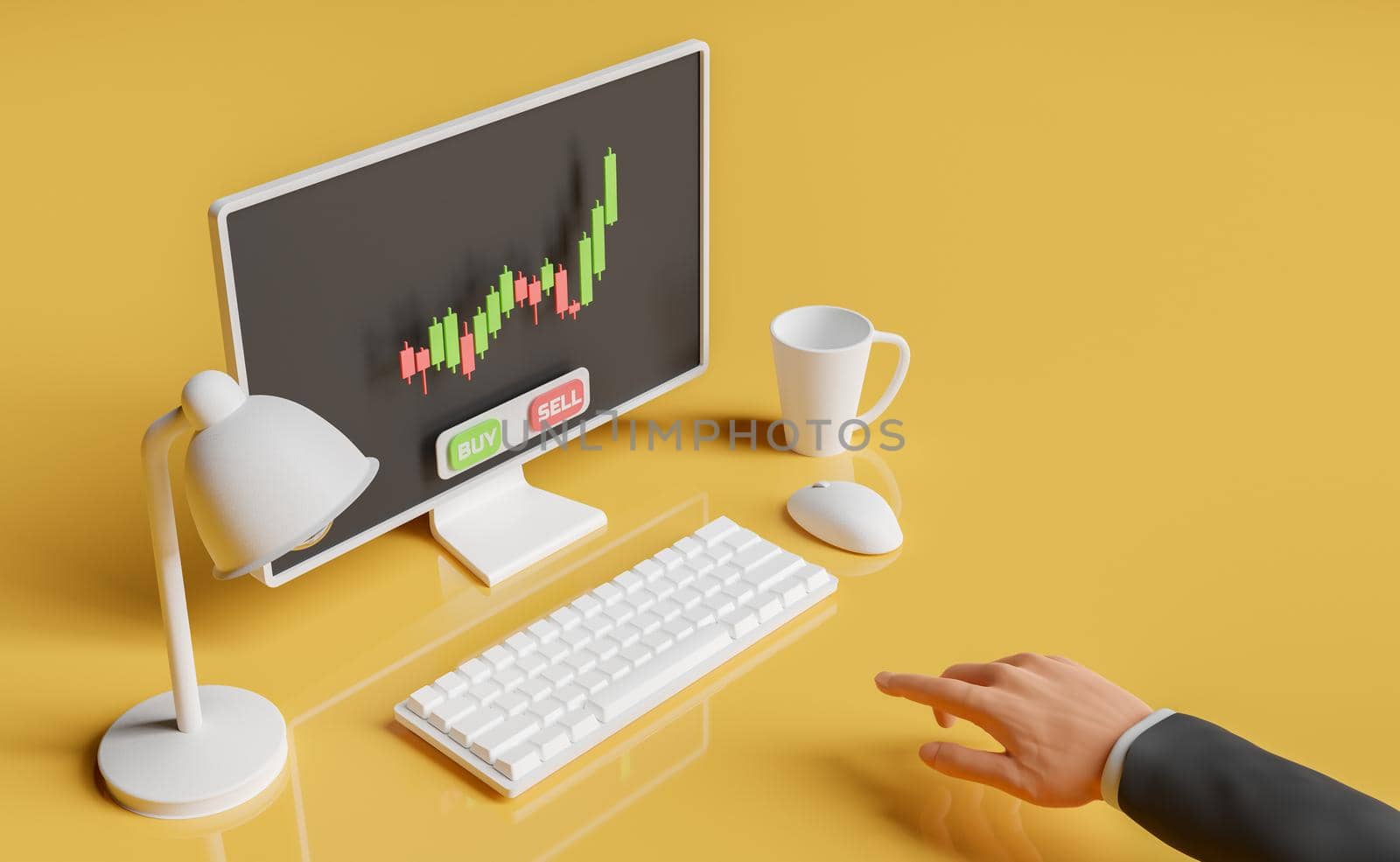 desktop computer with price chart, lamp, mug and a hand touching the keyboard. 3d rendering