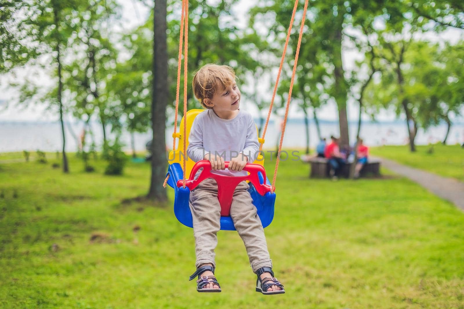 happy little boy riding on a swing in a park.