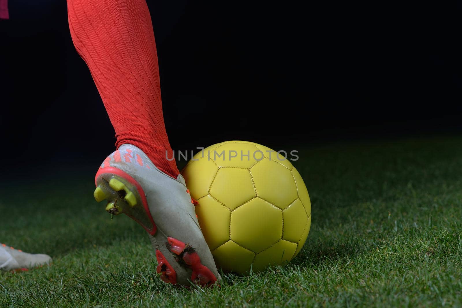 soccer player doing kick with ball on football stadium  field  isolated on black background