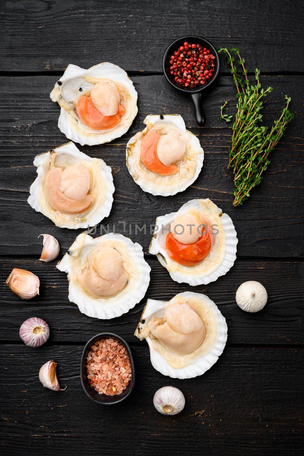 Fresh scallops for a baked recipe set, on black wooden table background, top view flat lay