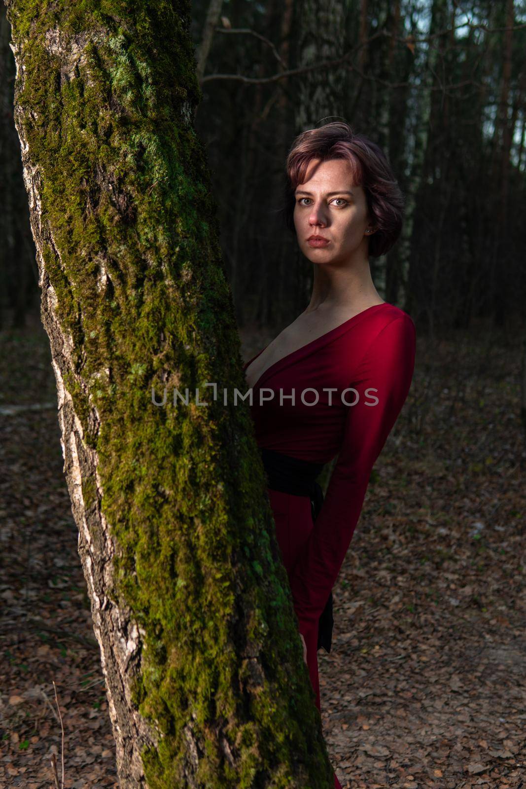 Girl walking vintage woods park, autumn day background country, morning young. Model woman, lost jacket