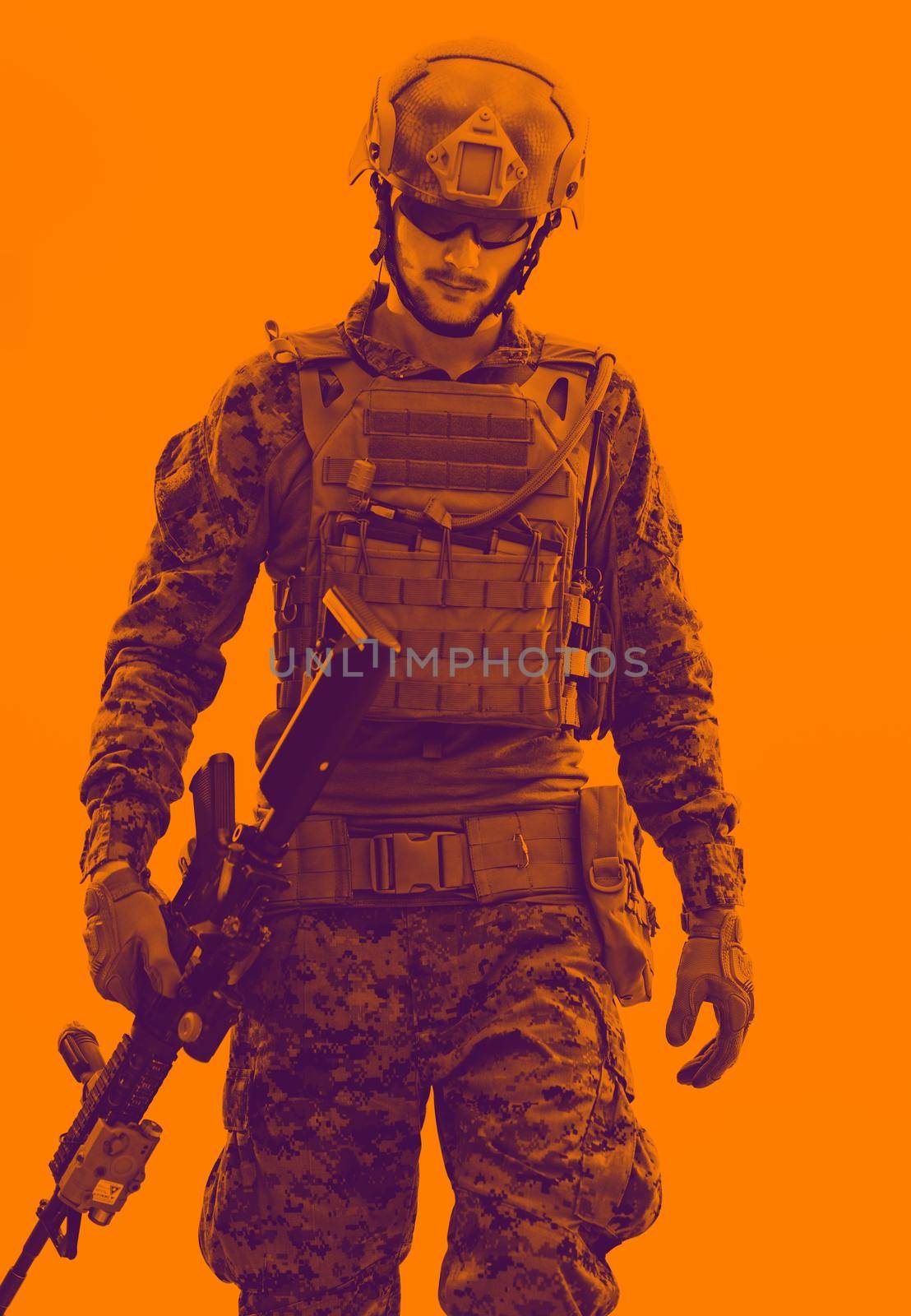 american  marine corps special operations soldier with fire arm weapon and protective army tactical gear with glitch computer error effect
