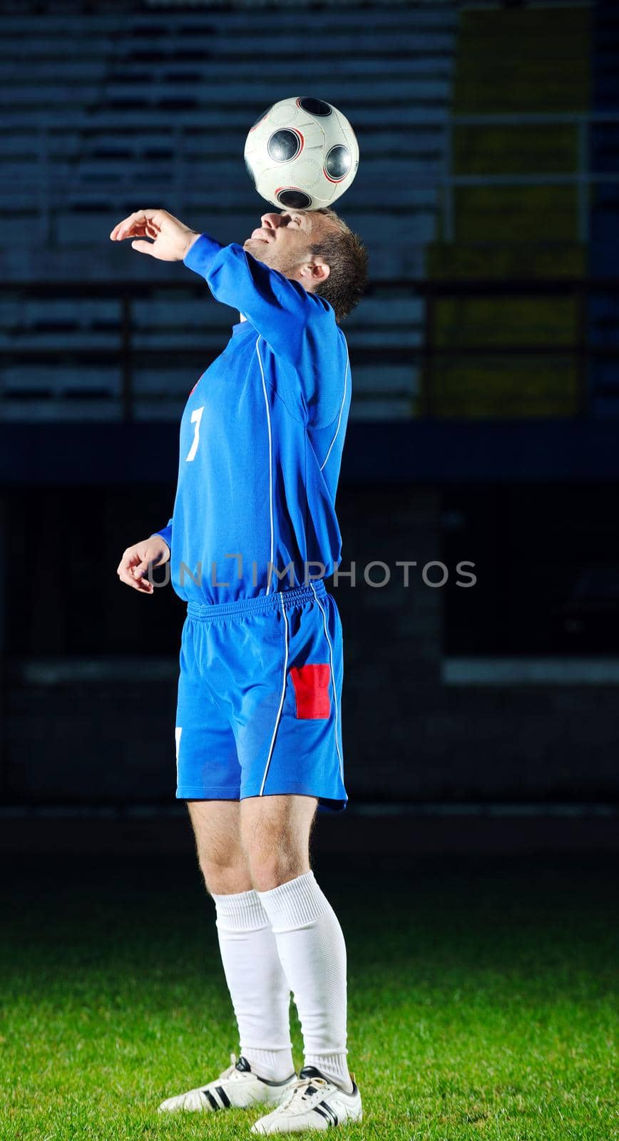 soccer player doing kick with ball on football stadium  field  isolated on black background  in night