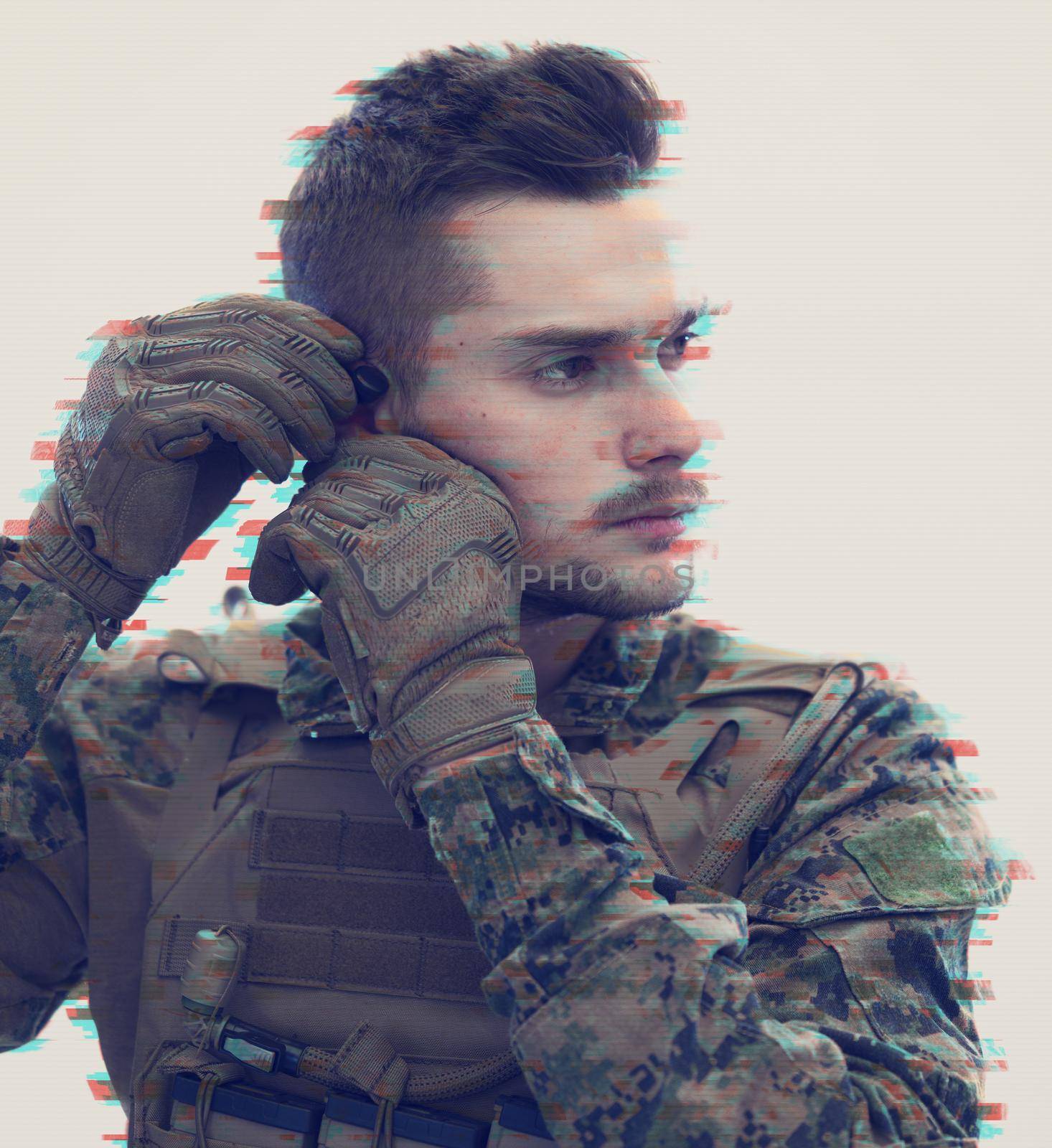 american  marine corps special operations soldier preparing tactical and communication gear for action battle glitch design effect