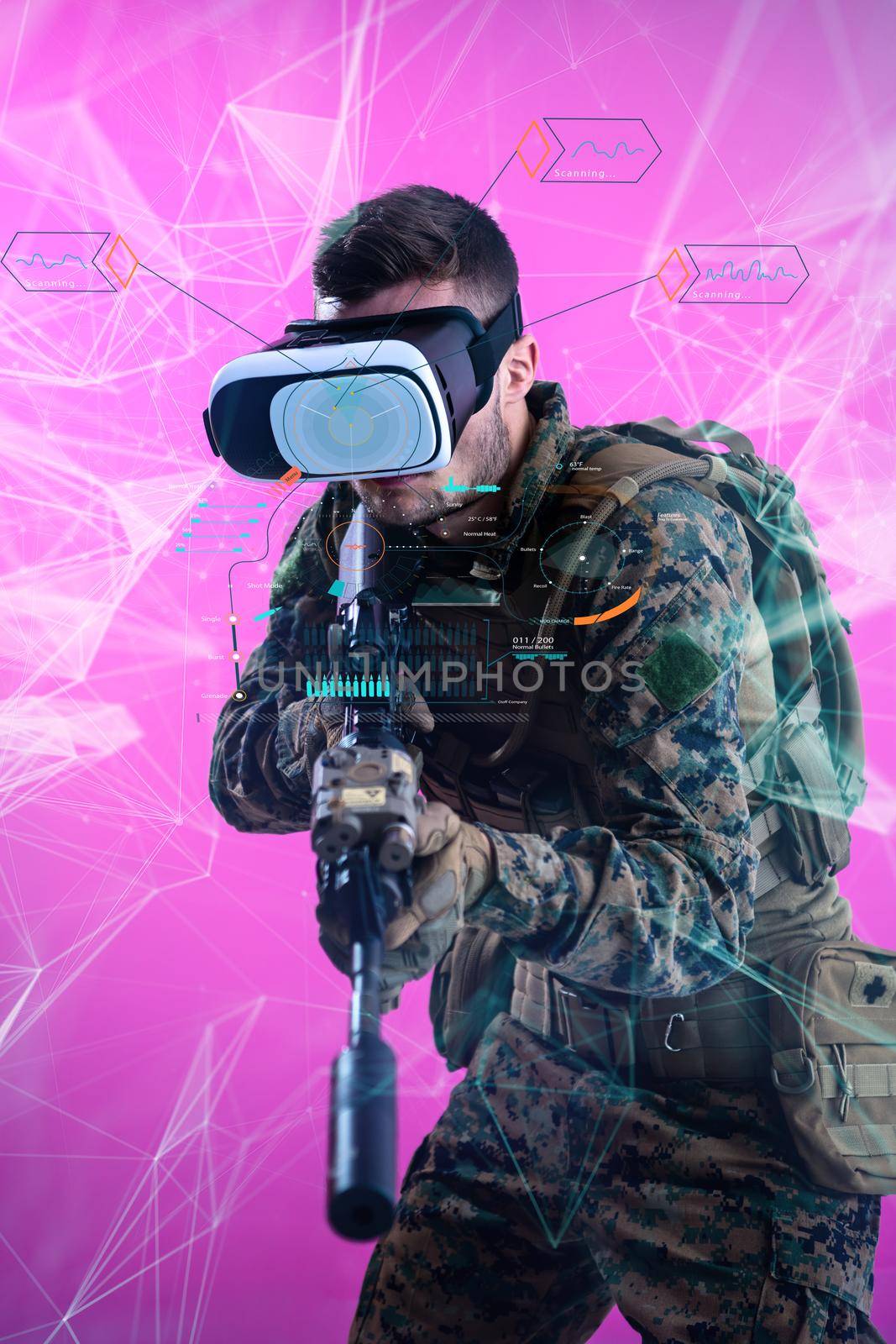 modern warfare futuristic soldier using vr virtual reality glasses with neural network dots and lines in background as concept of artificial intelience on hud screen display
