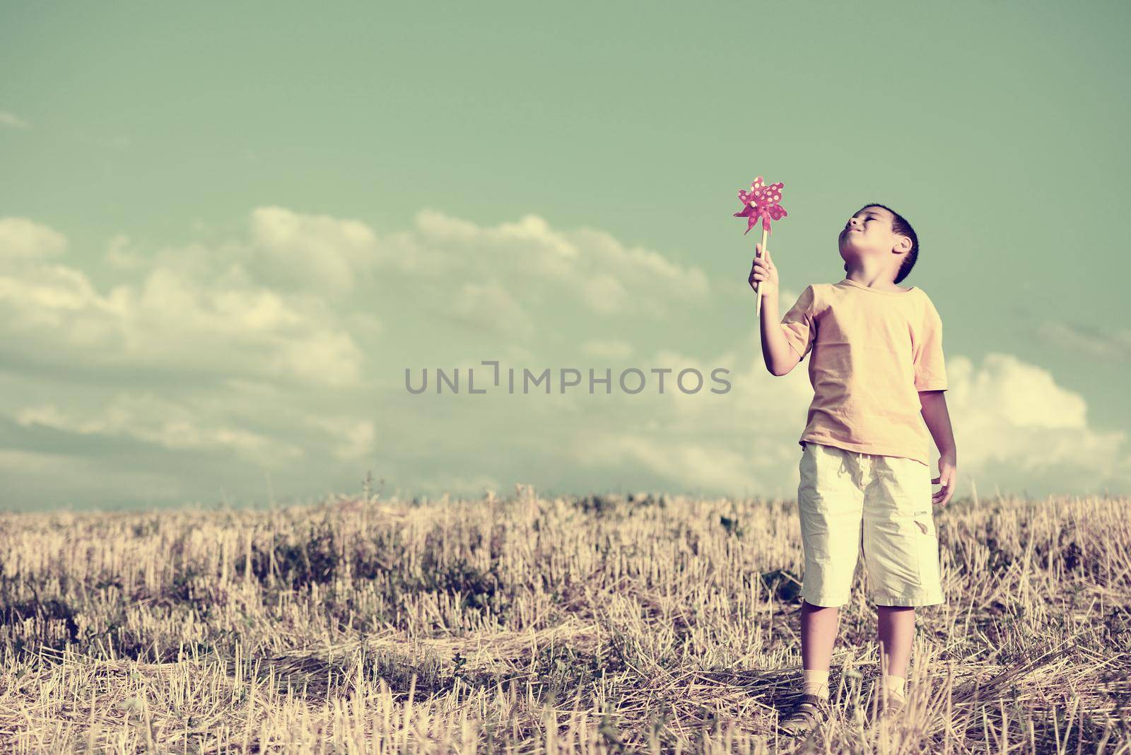 Happy kid on beautiful field