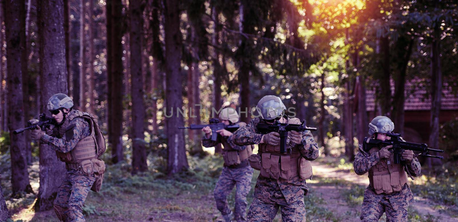 Modern warfare Soldiers  Squad Running as Team in Battle Formation