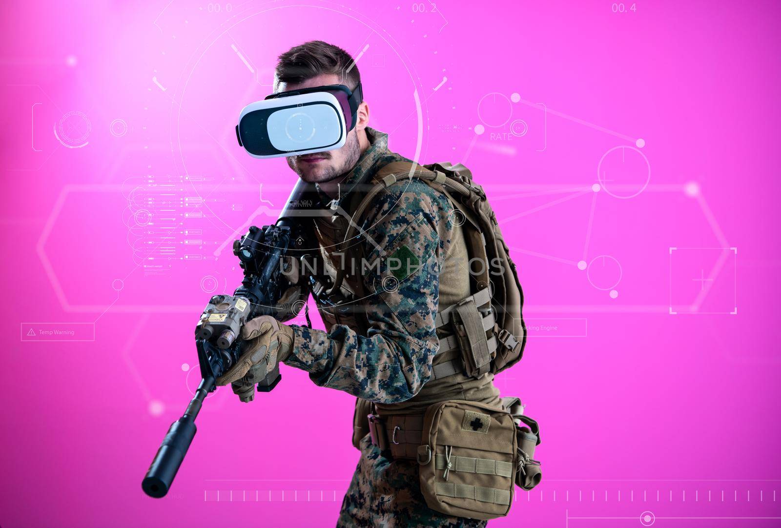 modern warfare futuristic soldier using vr virtual reality glasses with neural network dots and lines in background as concept of artificial intelience on hud screen display