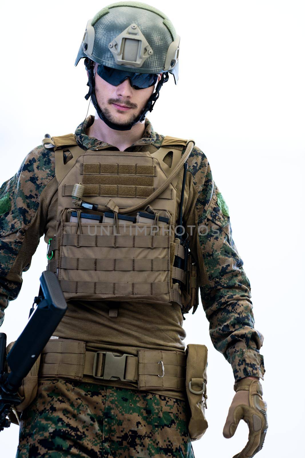 american  marine corps special operations modern warfare soldier with fire arm weapon and protective army tactical gear ready for battle