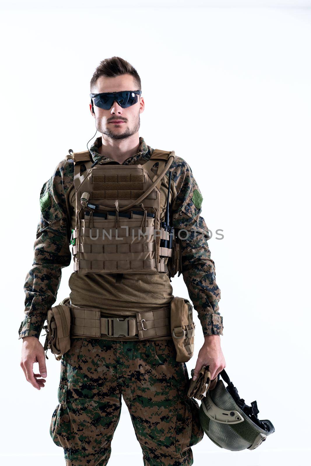 american  marine corps special operations soldier with fire arm weapon and protective army tactical gear clothes Studio shot isolated on white background