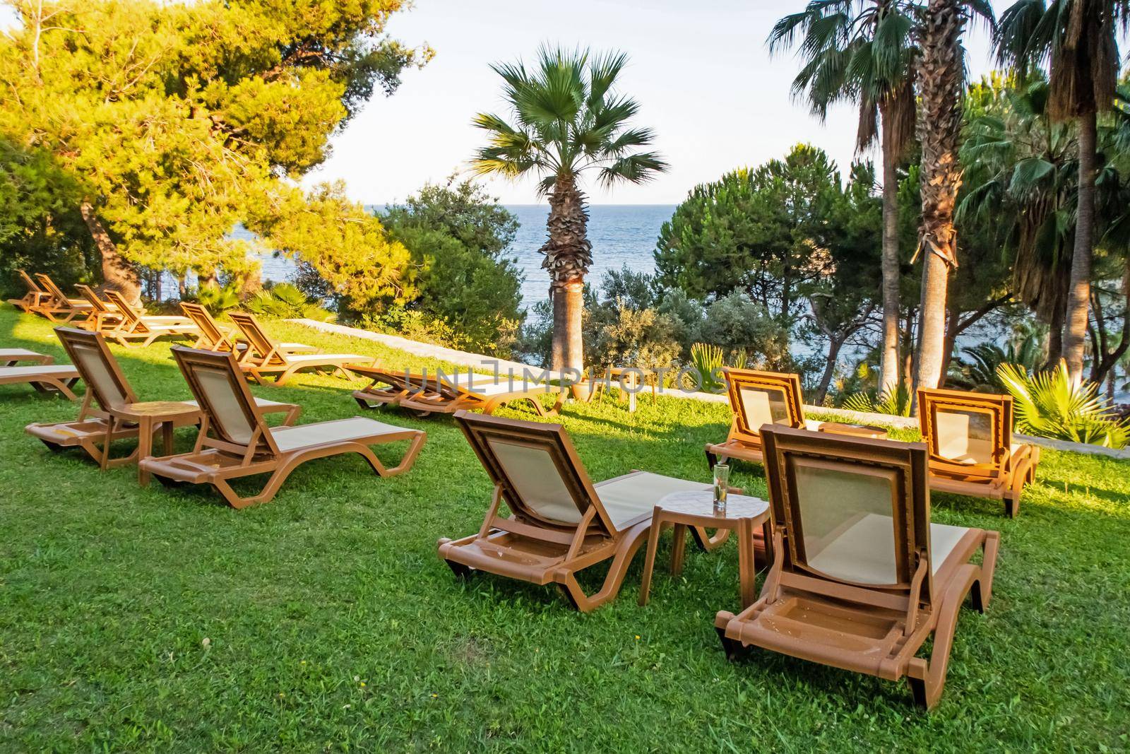 Kusadasi,Aydin,Turkey- July 21,2021.The view from Pinebay holiday village and resort in Kusadasi, in the sea and nature and summer sesason.