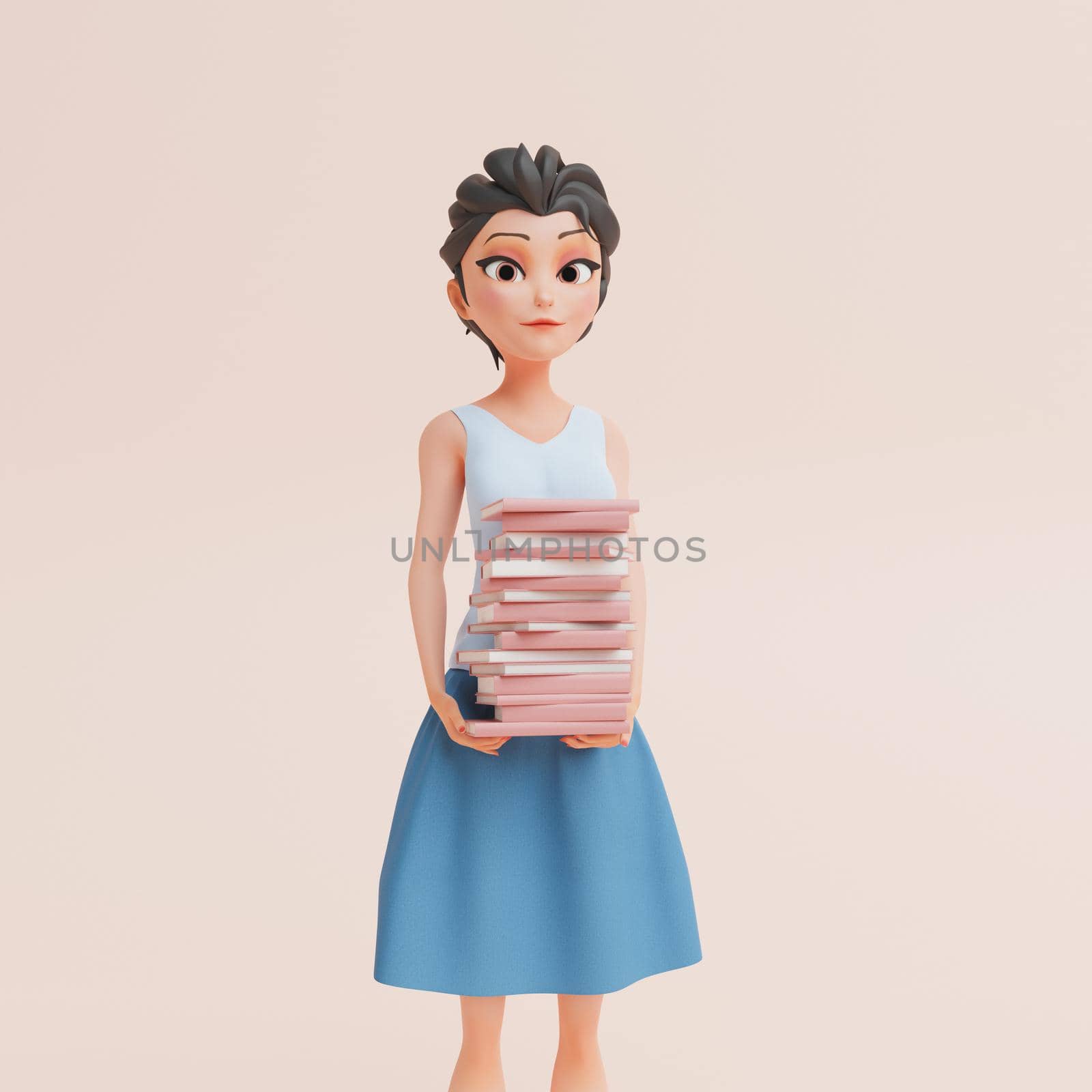 girl in dress holding many books in concept of education, back to school, reading and learning. 3d render of stylized character