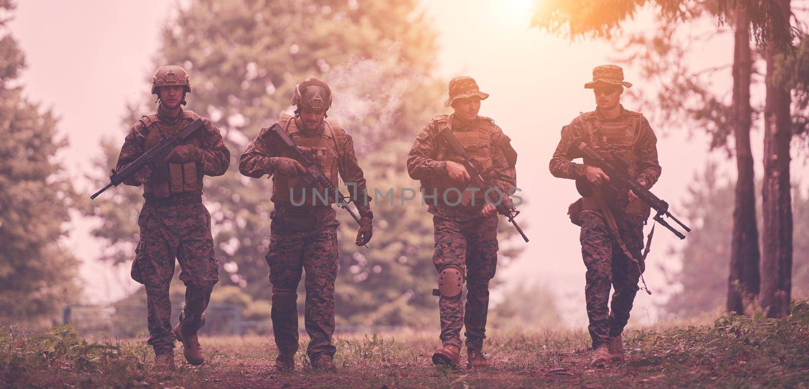 soldiers squad relaxed walking after battle