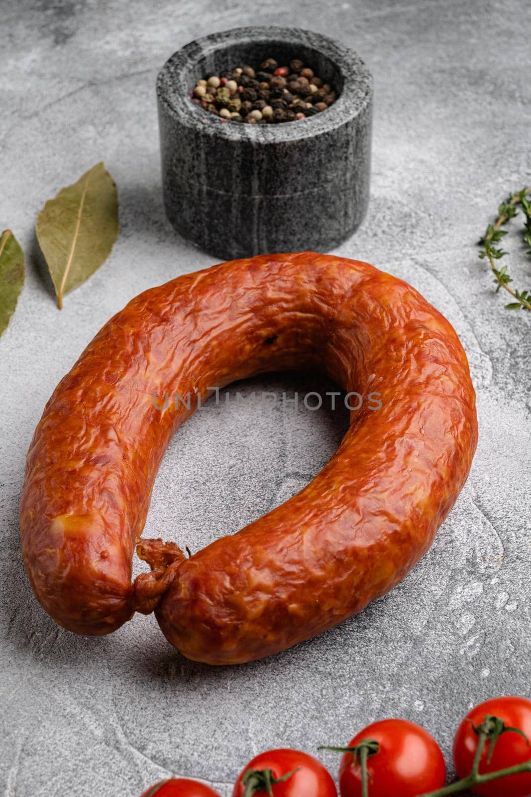 Spanish smoked sausage set, on gray stone table background